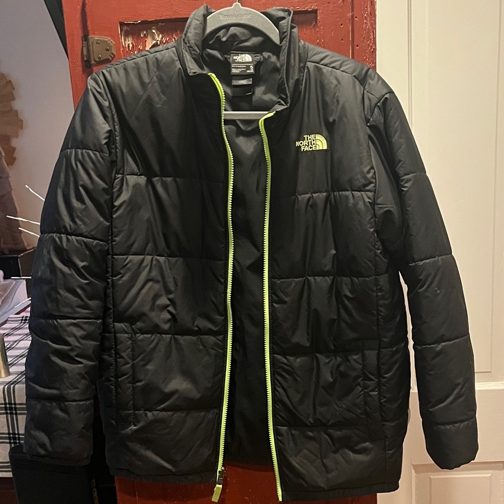 The North Face Kids Black Puffer Jacket with Neon Zipper